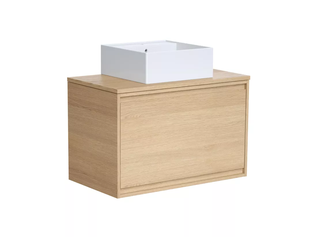 Meuble de salle de bain suspendu avec vasque à poser en céramique - Placage chêne - 80 cm - MESLIVA