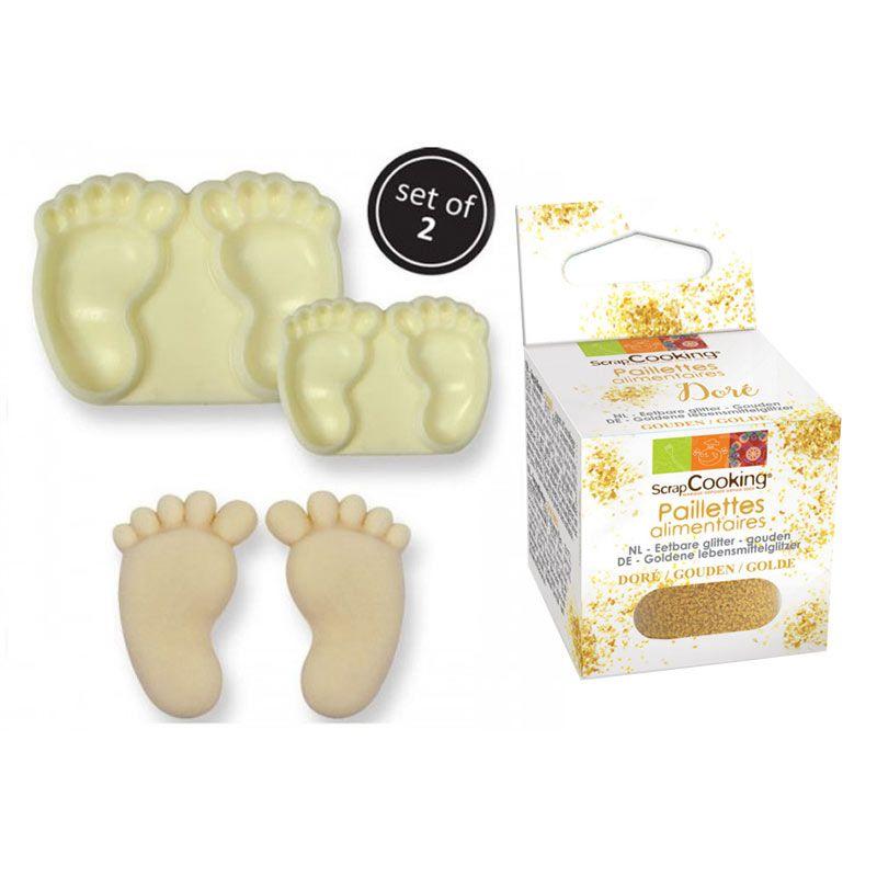 2 moules à gâteaux Pieds de bébé + paillettes dorées Youdoit