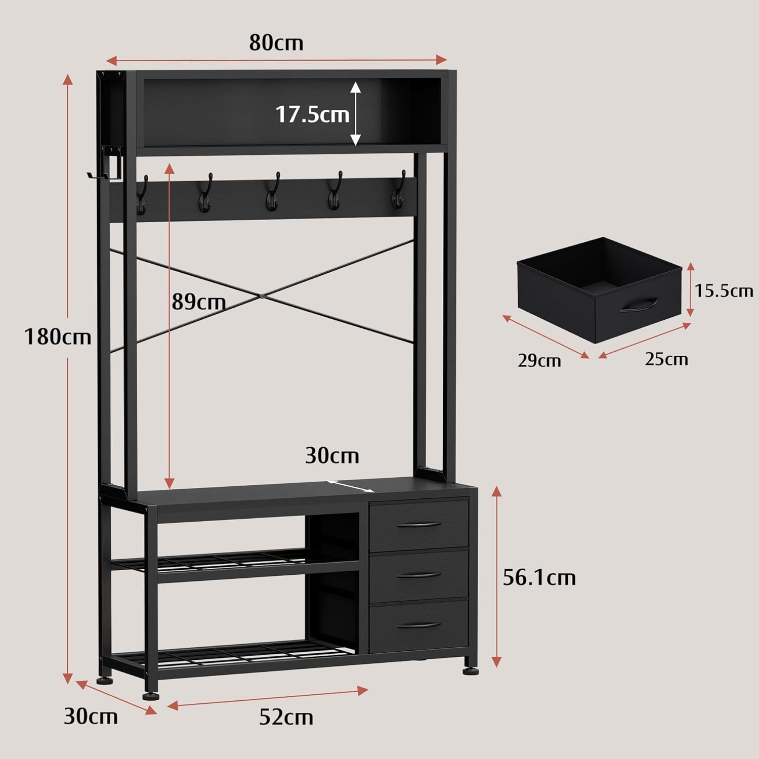 Garderobenständer mit Schuhablage, Garderobe mit Sitzbank, 12 Haken, 3 Schubladen und 1 Ablagefläche, Metallrahmen, 30 x 80 x 180 cm, für Flur Eingänge Schwarz