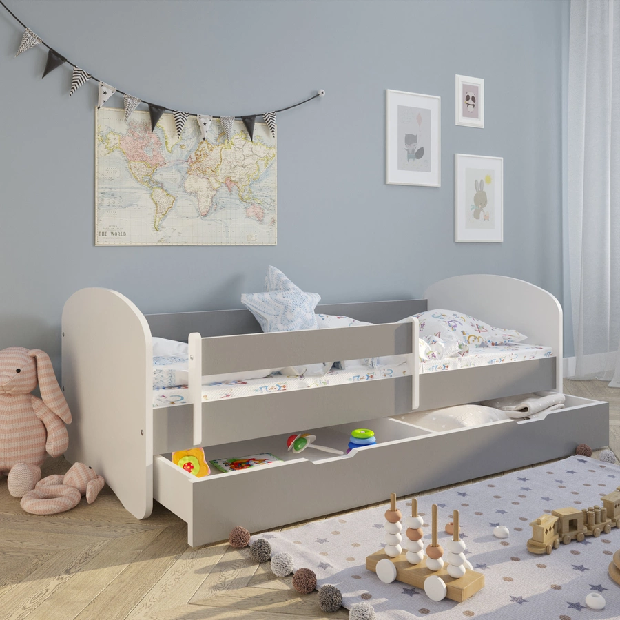 Kids Collective Kinderbett 80x160 | 80x180 mit Matratze, Rausfallschutz, Lattenrost grau mit Schublade