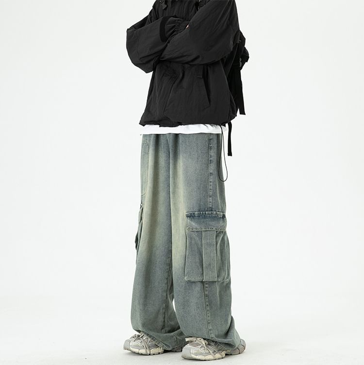 Neonity Wear - Mid Rise Washed Wide Leg Cargo Jeans