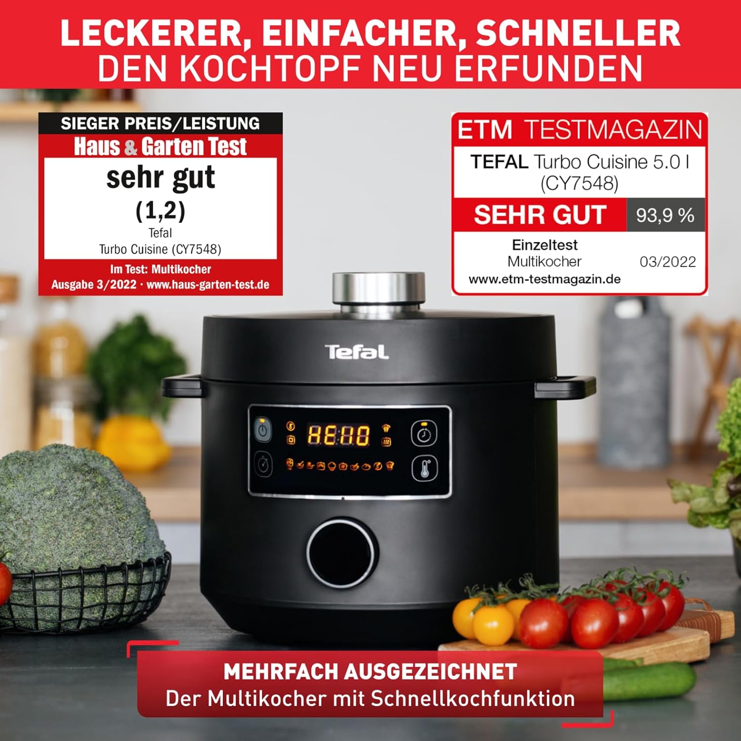 Tefal Turbo Cuisine Multikocher 4,8L, High-Speed & 10 Programme: Dampfgarer, Schmoren, Anbraten, Sous-vide, Reis & mehr, Verzögerung & Warmhaltefunktion, Antihaft, Zubehör inkl., Schwarz, CY7548