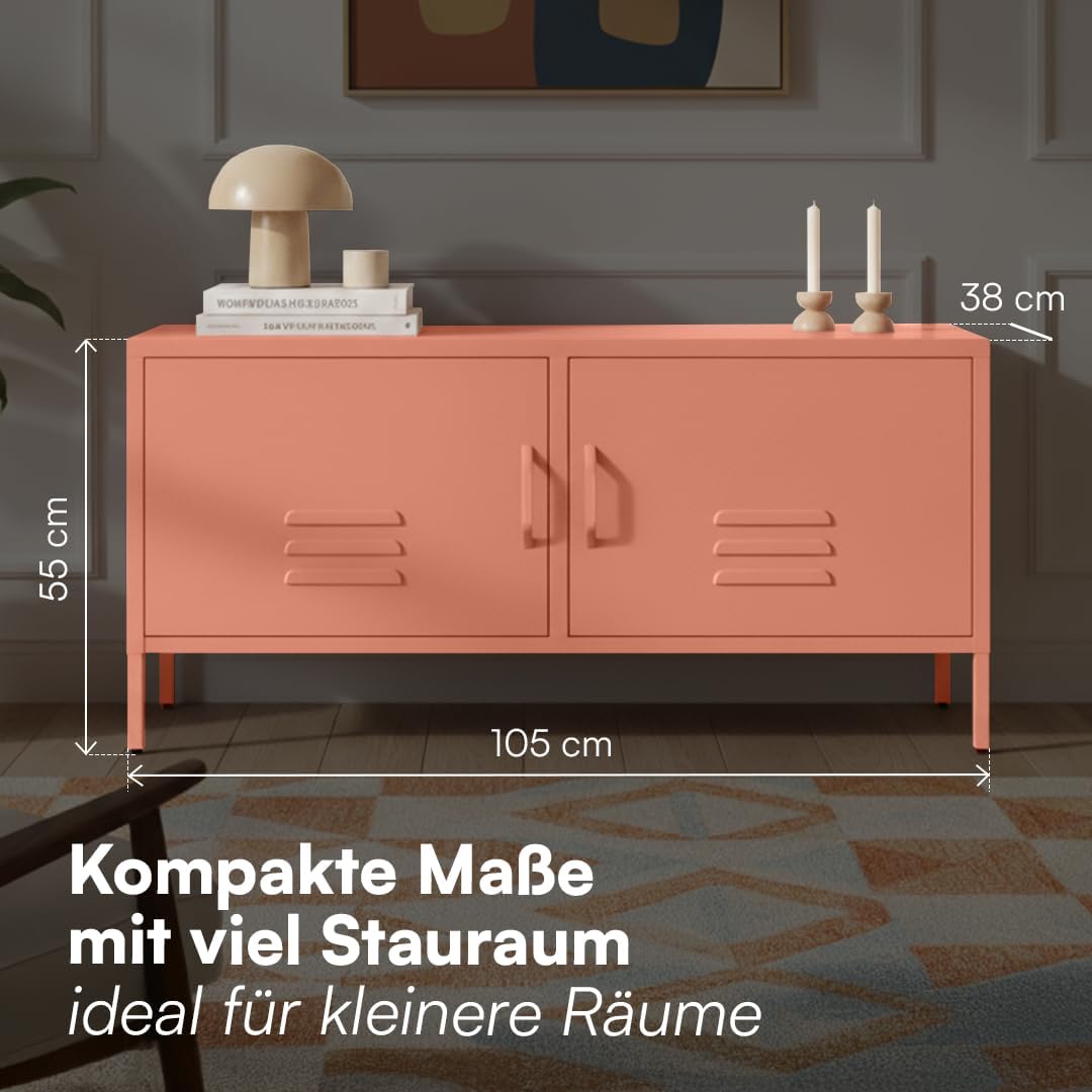 skølm Atria Lowboard aus Metall – TV Schrank in Terrakotta – Fernsehtisch mit 4 verstellbaren Fächern – TV Board 105x38x55 cm (BxTxH) – Sideboard / Fernsehschrank / Wohnzimmerschrank / Metallschrank