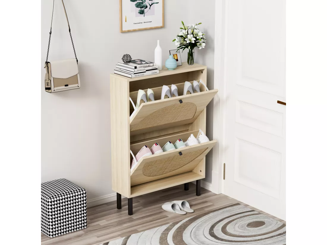 Meuble à Chaussures en Rattan Naturel, 2 Portes, Design Symétrique en Demi-Cercle, Étagères à Double Niveau, Stable et Sécurisé pour Toutes Pièces