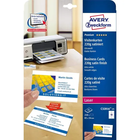 Avery Zweckform C32016-25 Premium Visitenkarten, 85 x 54 mm, beidseitig beschichtet, 250 Karten / 25 Bogen