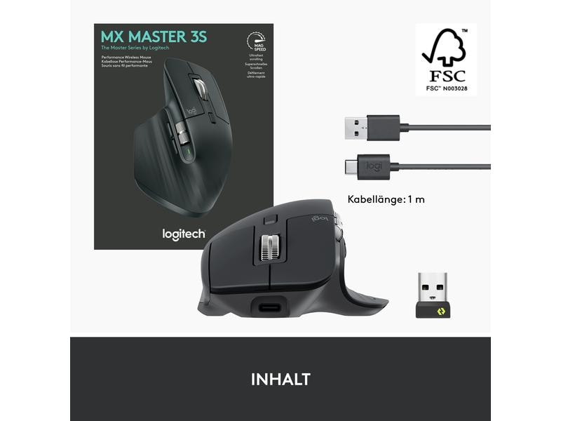 Logitech Maus MX Master 3S Graphite Kabellose Präzisionsmaus mit «Logitech Flow»-Technologie und leisen Klickgeräuschen