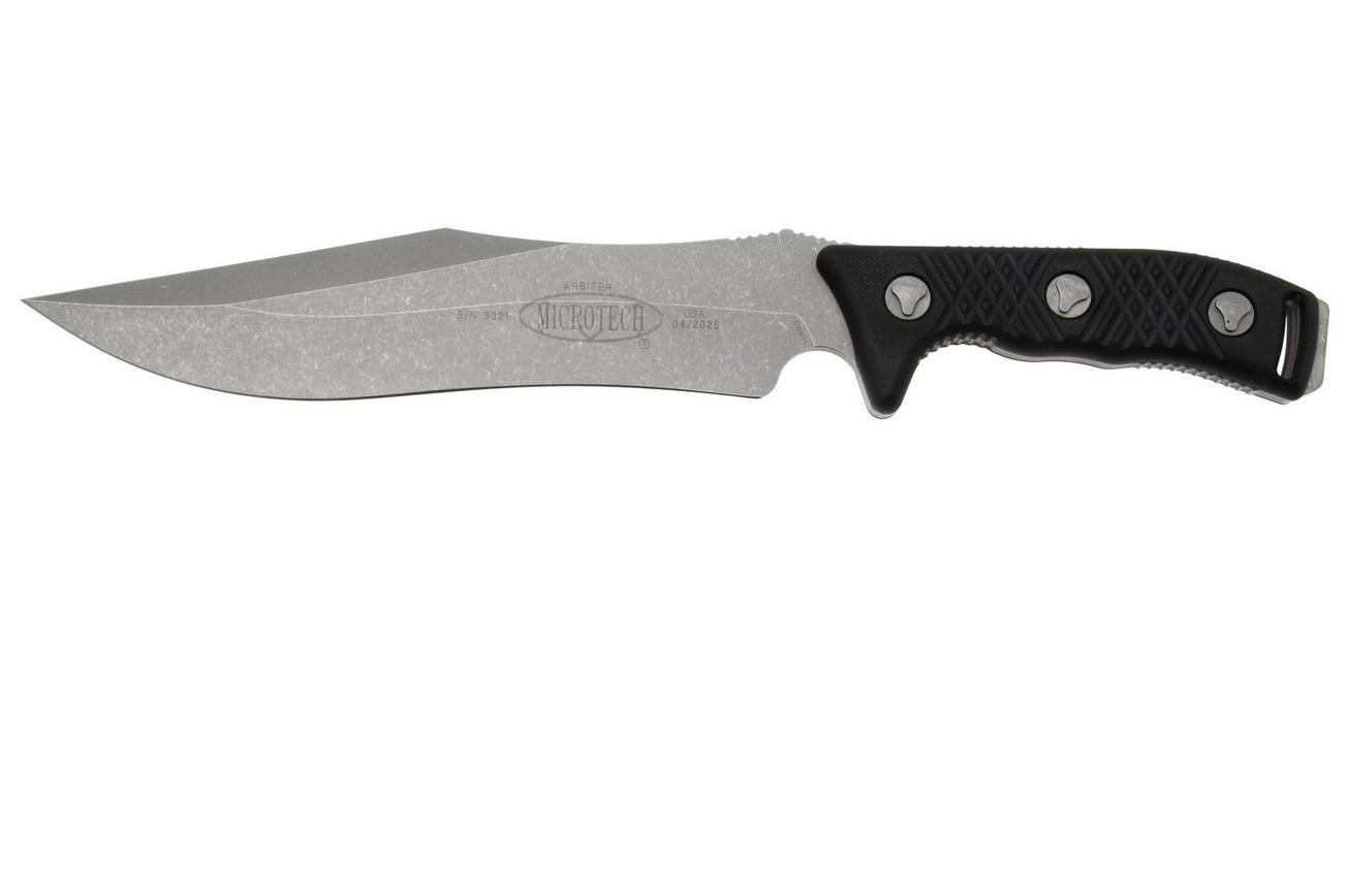 Microtech Arbiter 104-10AP, Apocalyptic Stonewashed M390, Milled Black G10, vaststaand mes, Adam Marfione design
