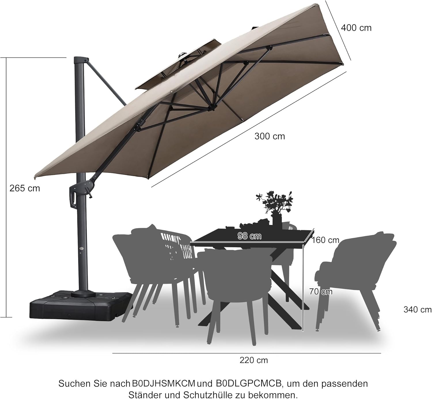 PURPLE LEAF Sonnenschirm 300 x 400 cm Ampelschirm Rechteckig mit Kurbel und Doppeldach, Gartenschirm Groß Wasserabweisend farbecht für Terrasse Deck Schwimmbad, Asch Mokka