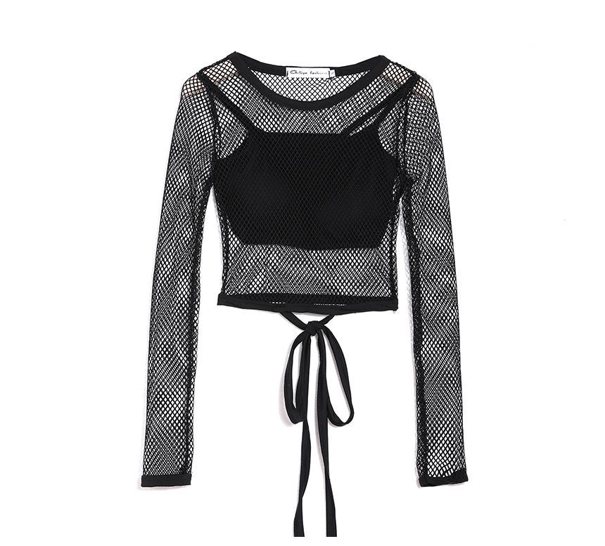 Malnia Home - Punk lange mouwen ronde hals effen visnet crop top / cami top / mid rise hot pants / kousenband / set