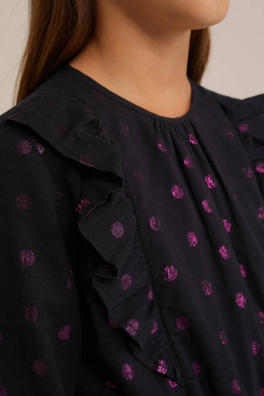 WE Fashion jurk met stippen en ruches zwart/roze