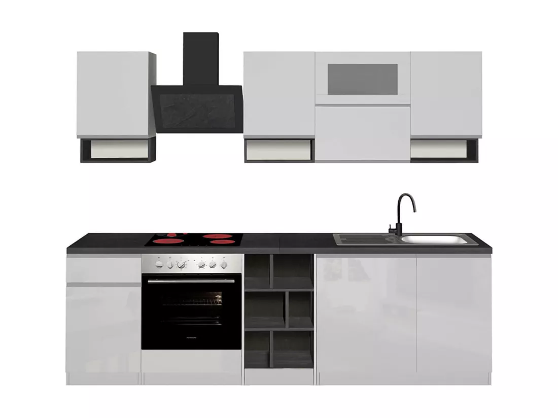 Cuisine complète Dceccaron, Ensemble avec garde-manger, Meuble de kitchenette, Kit bloc linéaire, 100% Made in Italy, 255x60h85 cm, Blanc brillant et ardoise