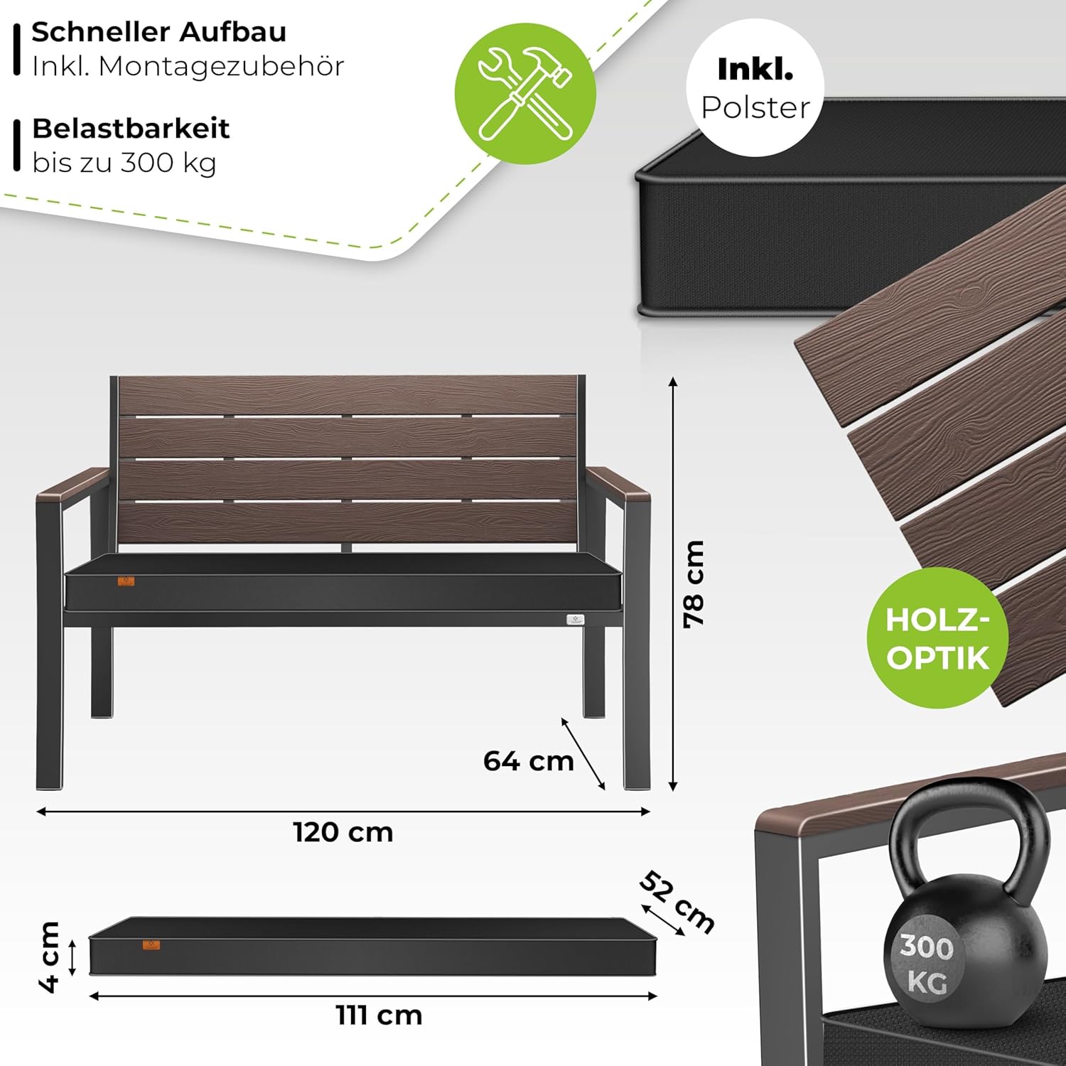 KESSER® Gartenbank mit Kissen – Sitzbank Wetterfest 2-Sitzer Parkbank in Holzoptik Balkonbank für Garten Terrasse Balkon bis 300 kg belastbar UV-beständig inkl. abnehmbarem & waschbarem Polsterbezug