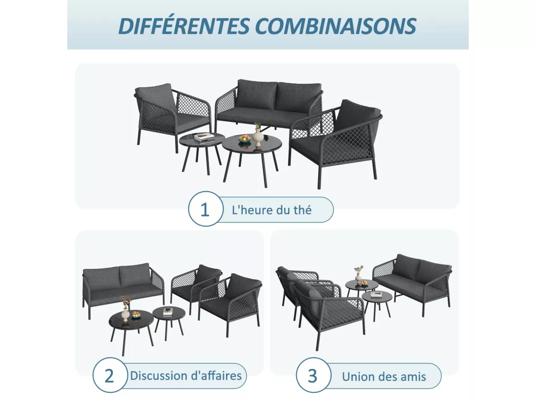 Salon de jardin ergonomique, un canapé 2 places + 2 fauteuils + tables gigognes en verre, avec coussins gris
