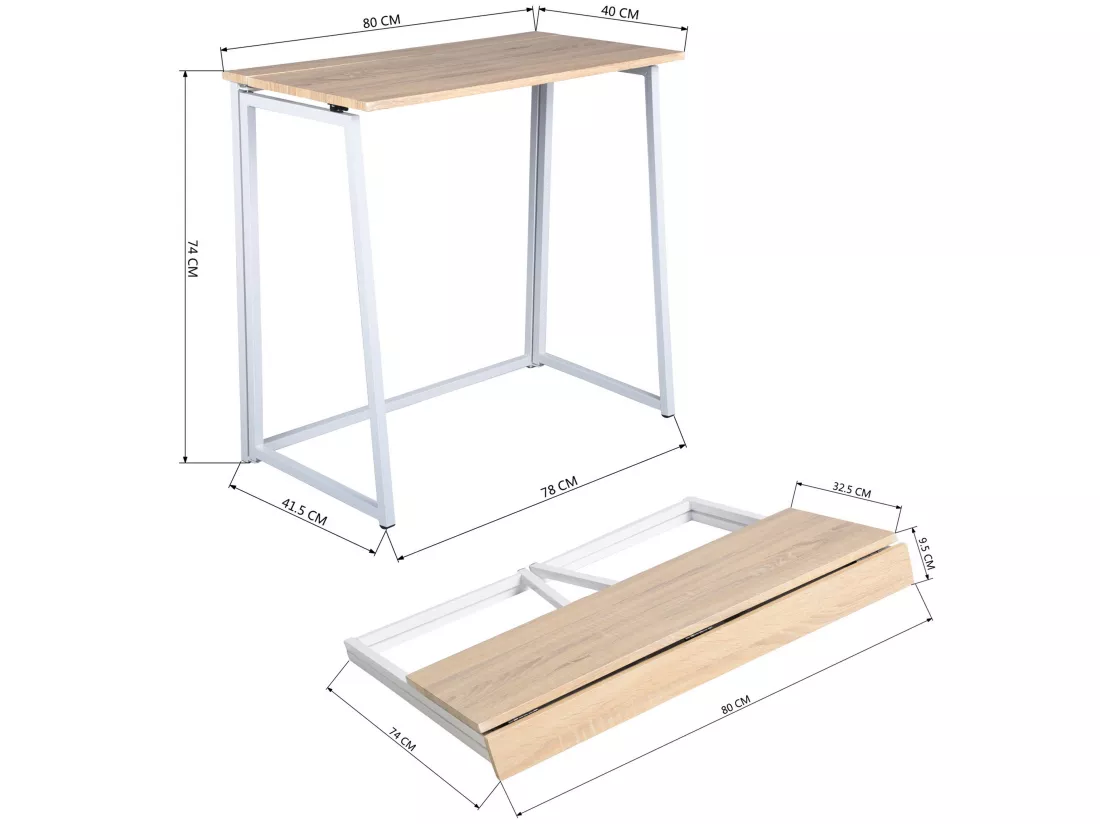 Bureau Pliable Imitation Chêne et métal Blanc Style Industriel