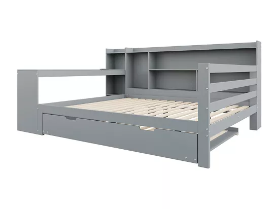 Lit gigogne 140x200 avec bureau étagères compartiments de rangement et étagères avec prises de courant lit double en bois Gris