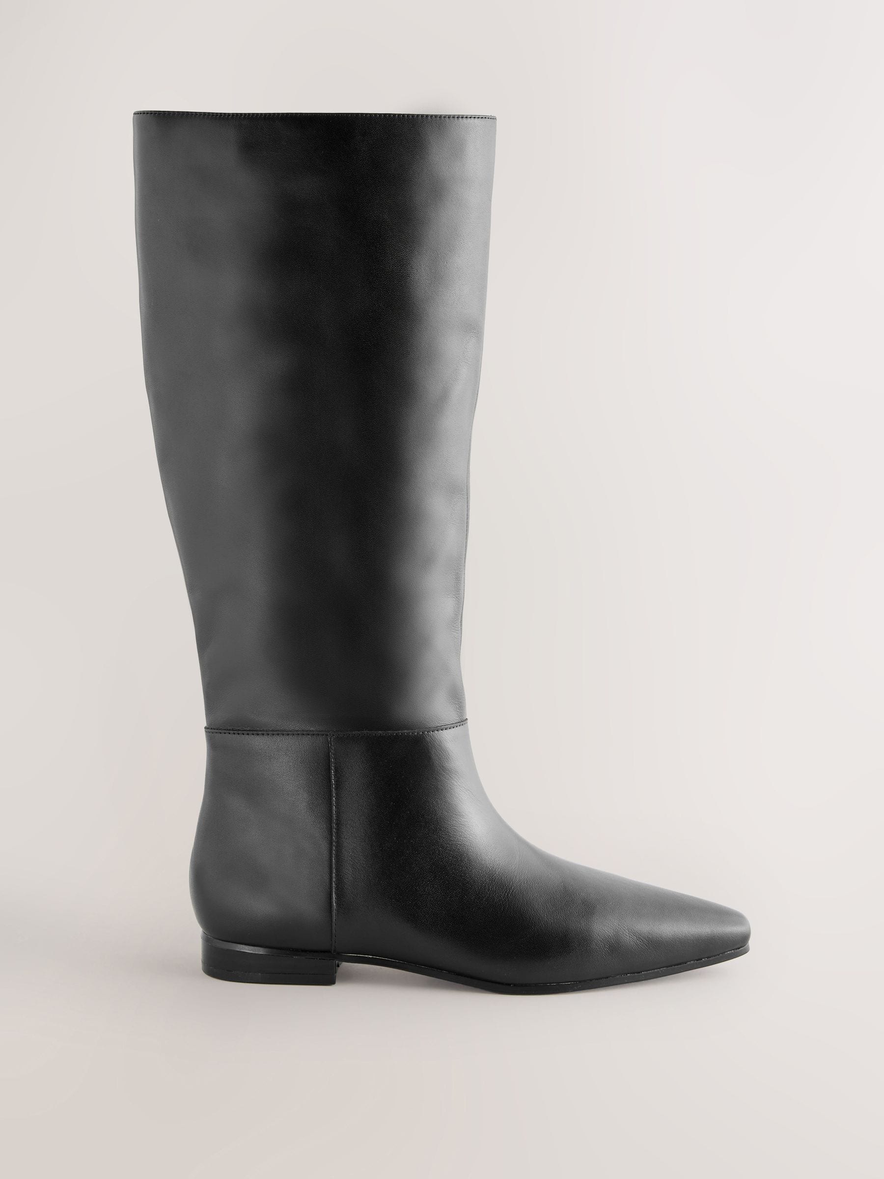 Zwart leer - Forever Comfort® - Platte kniehoge laarzen met stompe neus