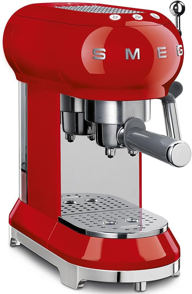 Smeg, ECF01RDEU Manual Espresso -Maschine, Cappuccino -System, Thermoblock, große Tassengehäuse und Doppelkaffeefunktion, 1 l Wassertank, kompakte Abmessungen, 1350W, Rot