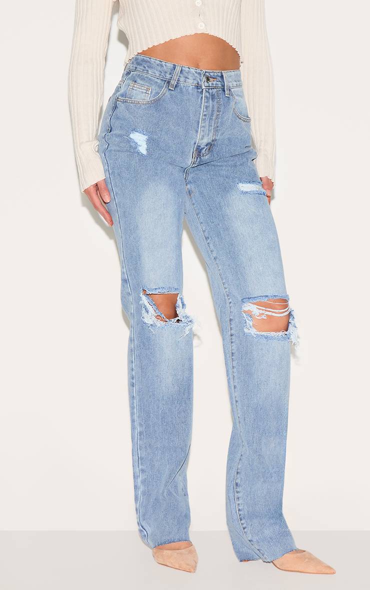 Light Blue Wash Jean Droit Taille Haute Déchiré Extra Long Délavage Clair Pour Femmes Grandes Tailles