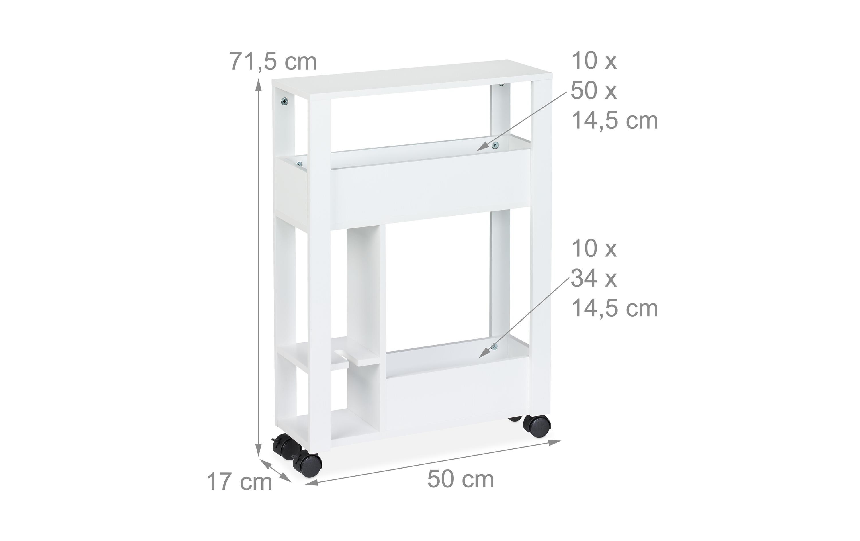 Nischenwagen Weiss, 71.5 x 17 x 50 cmSchmales Nischenregal mit Rollen