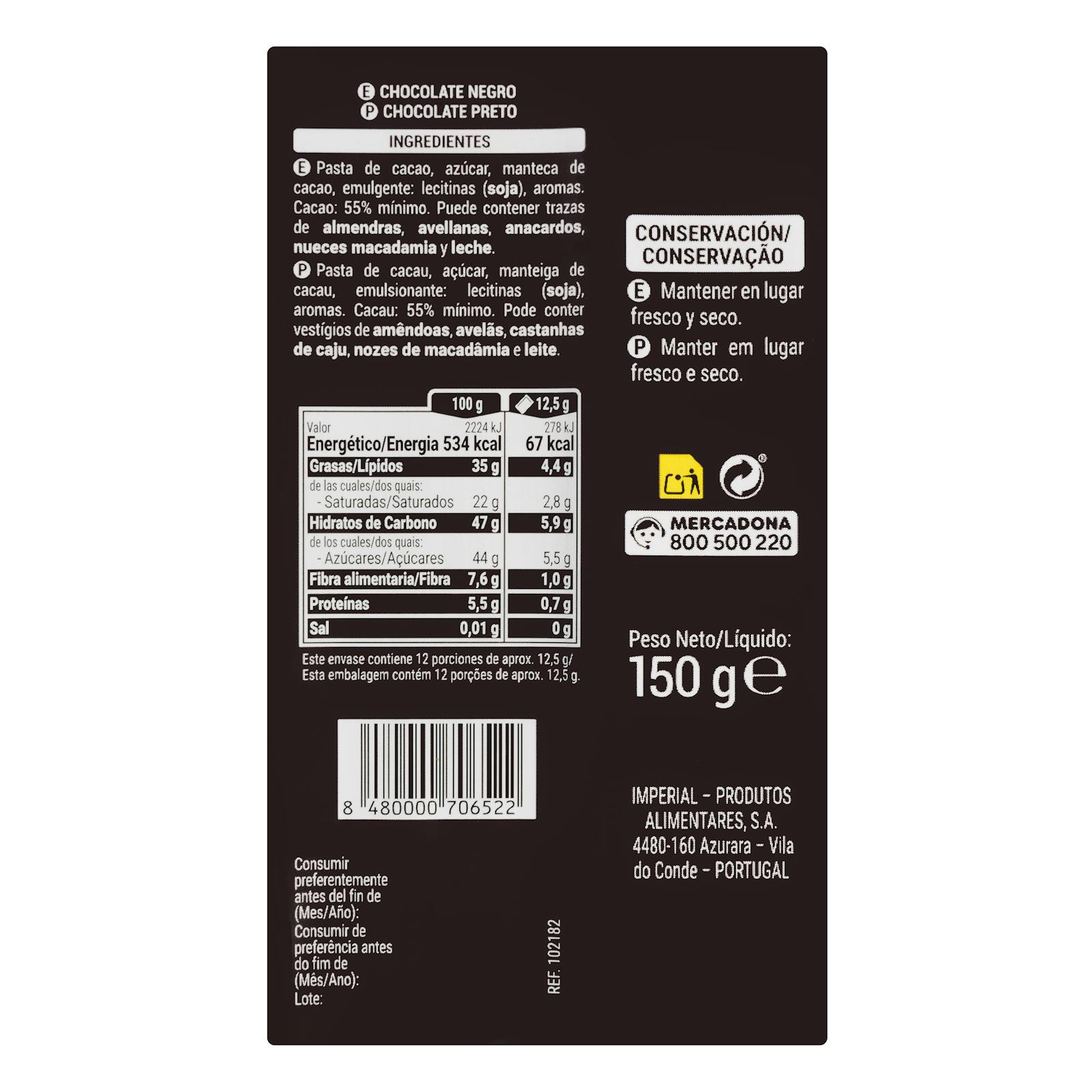 Chocolat noir Hacendado 55% cacao
