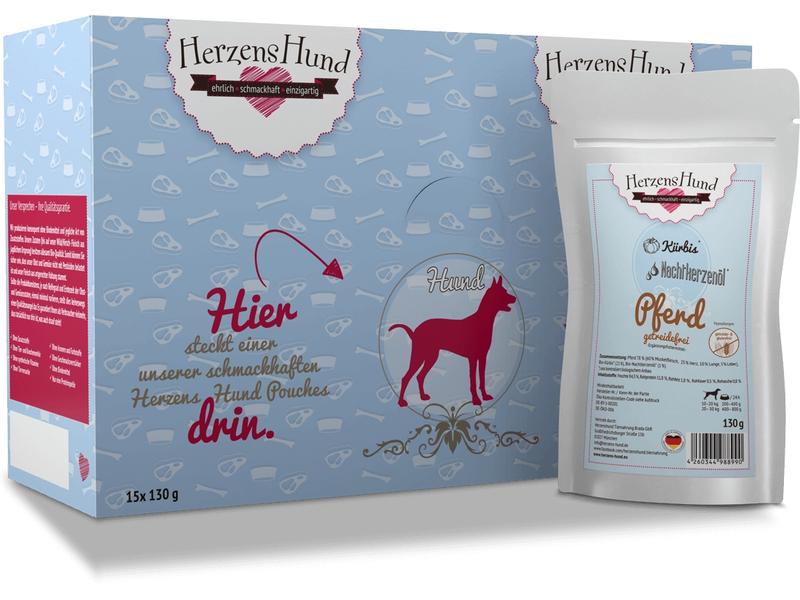 HerzensHund Nassfutter Getreidefrei Pferd mit Bio-Kürbis, 1 Premium Bio-Ergänzungsfuttermittel für erwachsene Hunde