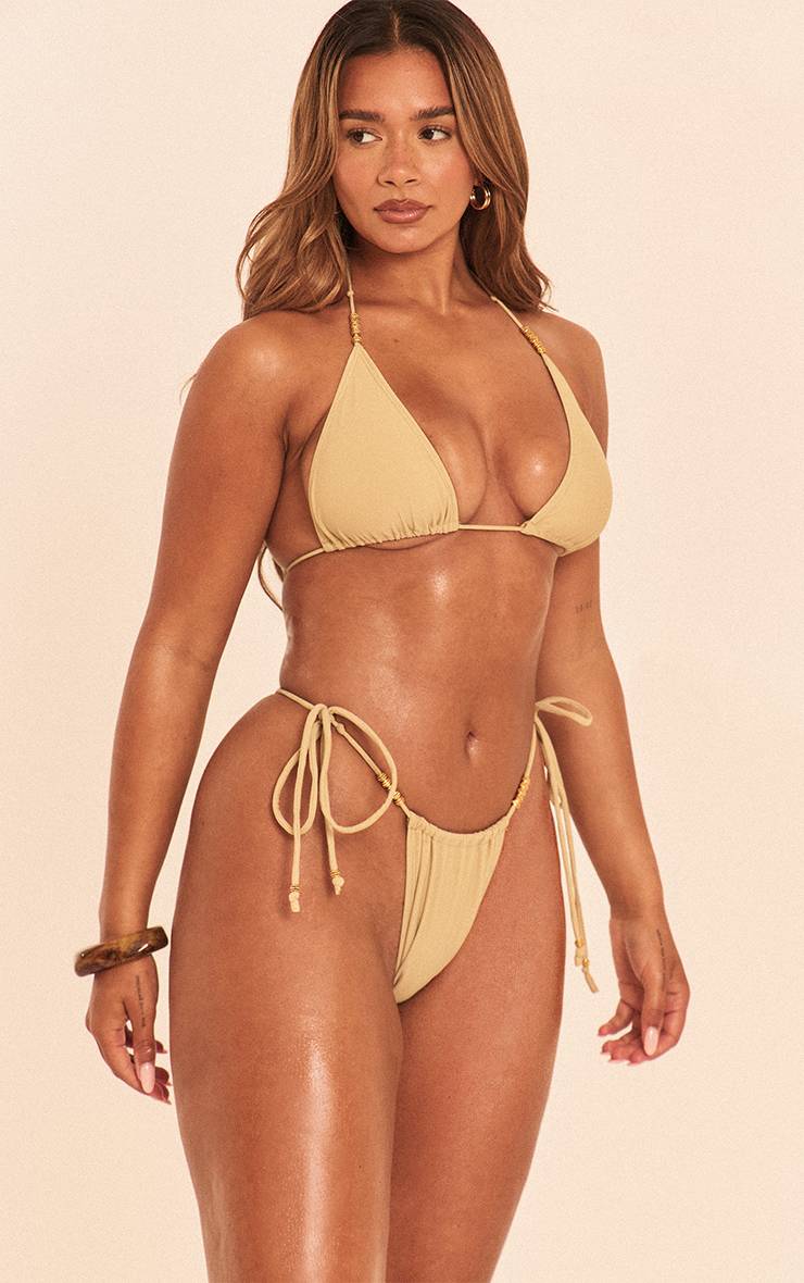 Vert Olive Bas De Bikini Tanga À Perles Dorées Shape