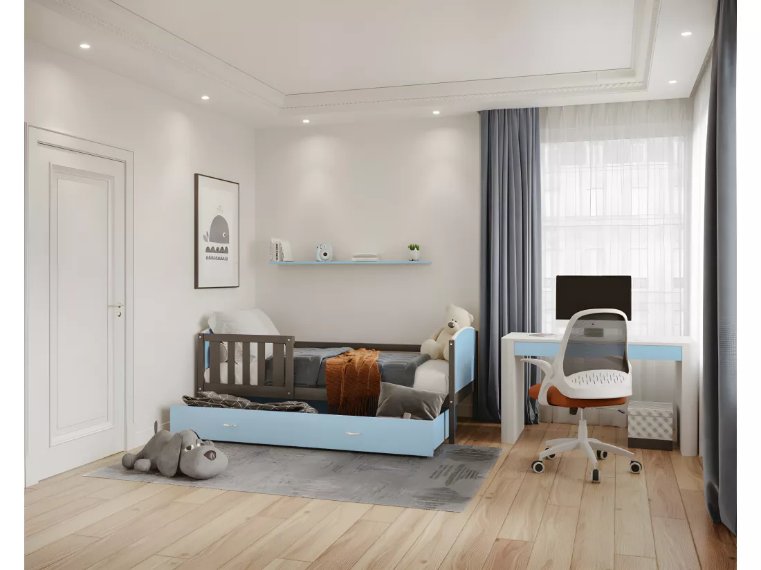Lit Enfant Tami 90x190 ( Sans Matelas ) Gris - bleu Livré avec le sommiers et tiroir.