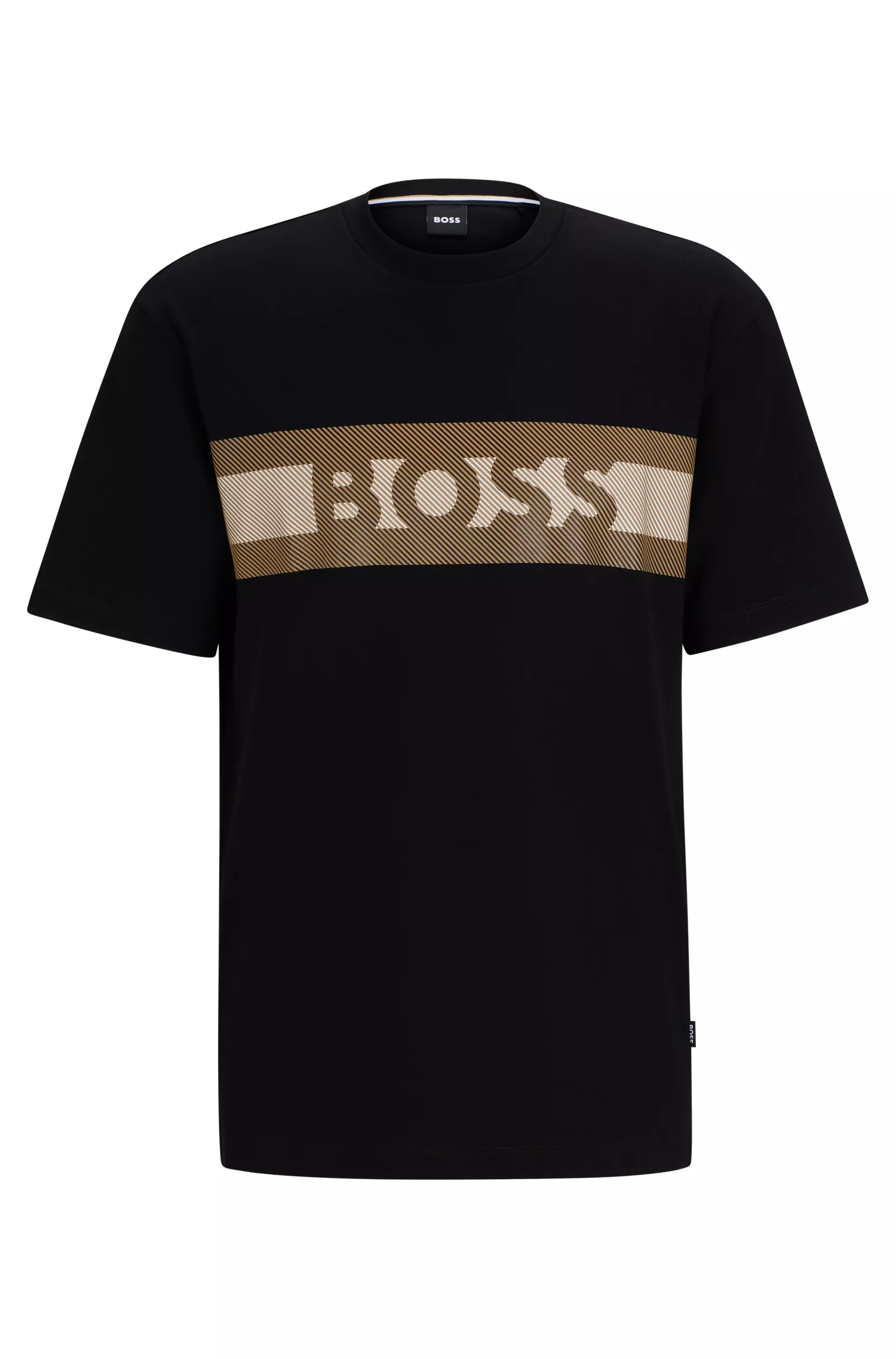 Camiseta BOSS preta em algodão interlock com listras em relevo e logotipo.