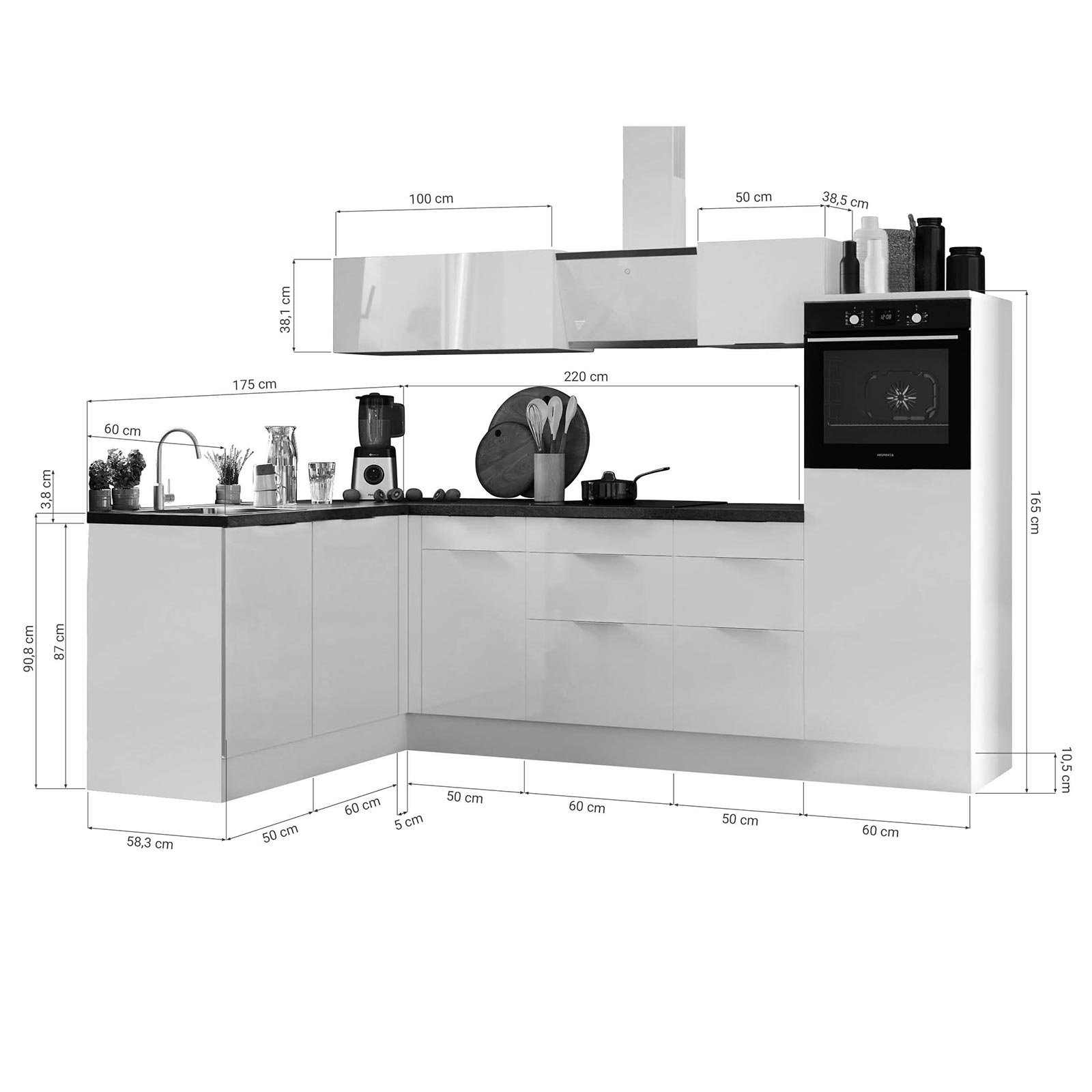 RESPEKTA Winkelküche - weiß Hochglanz - weiß matt - mit E-Geräten - 280x175 cm
