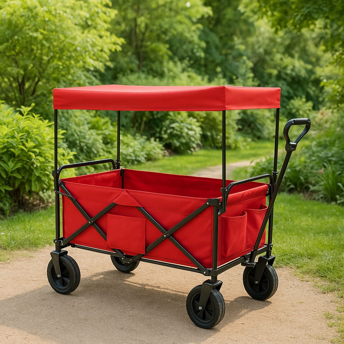 Faltbarer Bollerwagen aus Stahl und Polyester Rot mit Dach