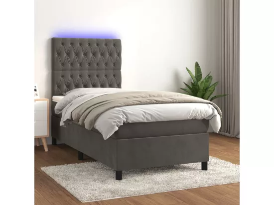 Sommier tapissier et matelas et LED Gris foncé 90x190cm Velours