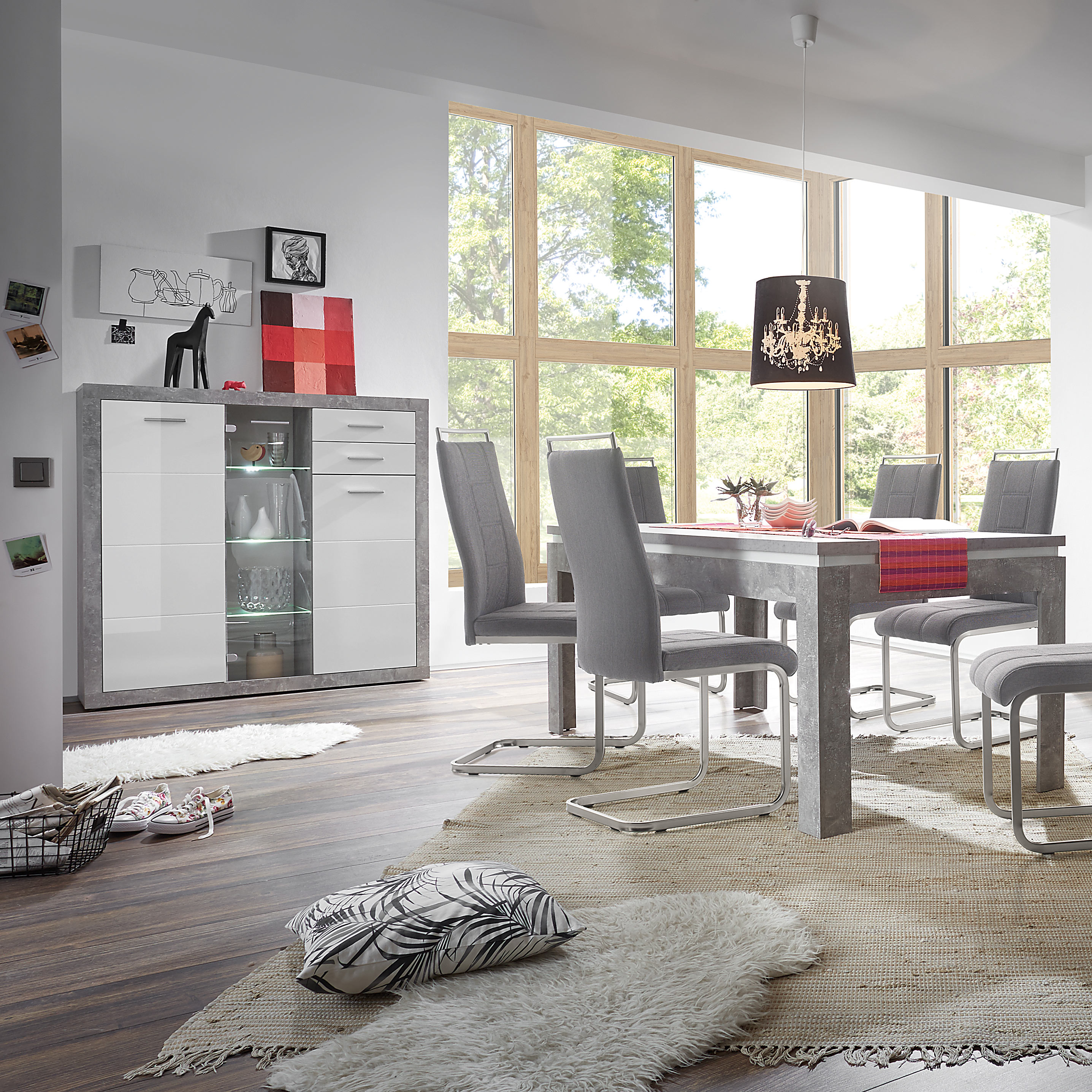 Highboard - Beton-Optik - weiß - mit Beleuchtung
