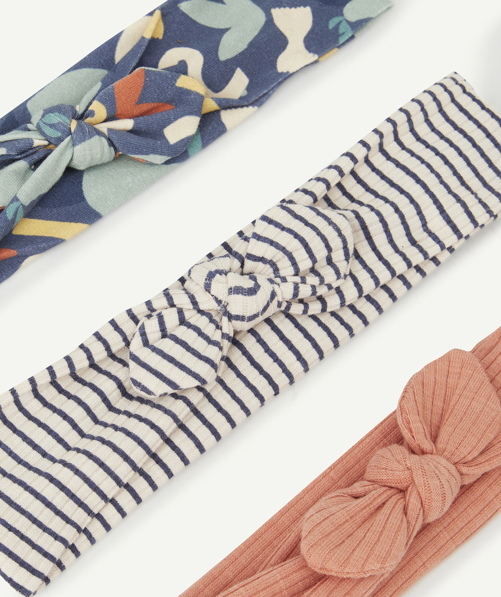 LOT DE 3 BANDEAUX EN COTON BLEU ET ROSE BÉBÉ FILLE