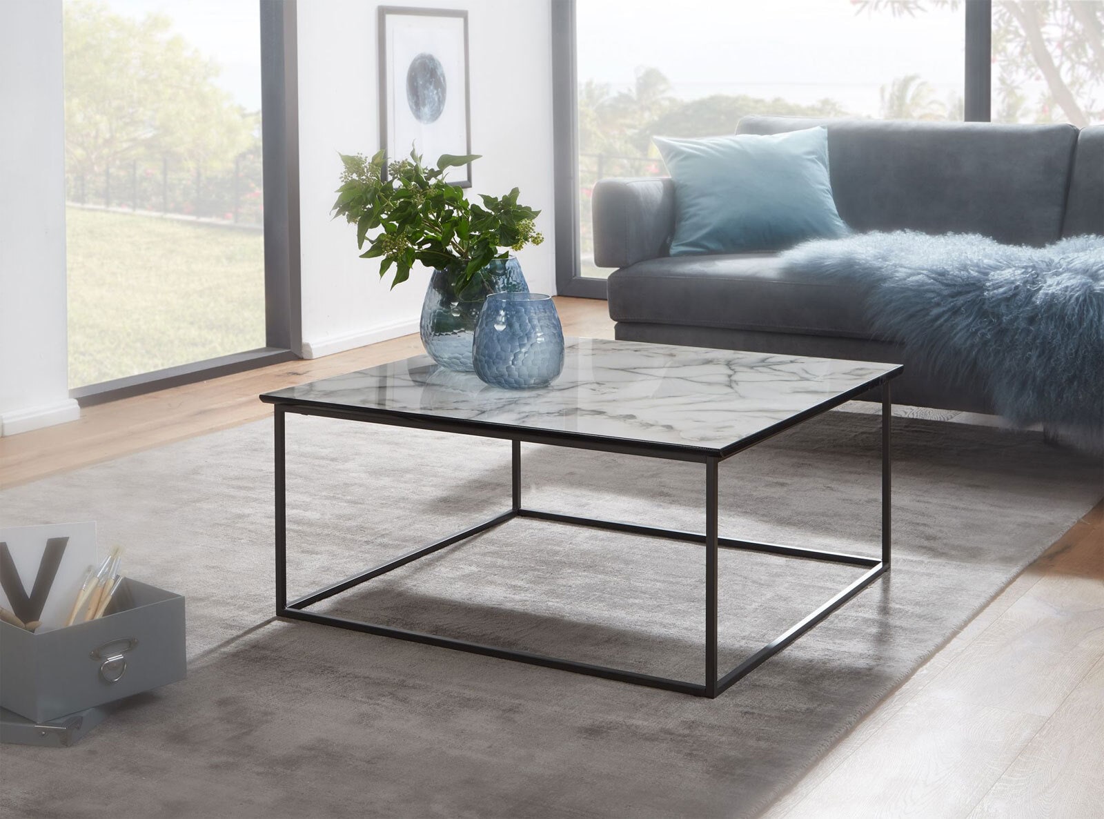 Couchtisch 80 x 80 cm Schwarz/ Marmor Optik Weiß