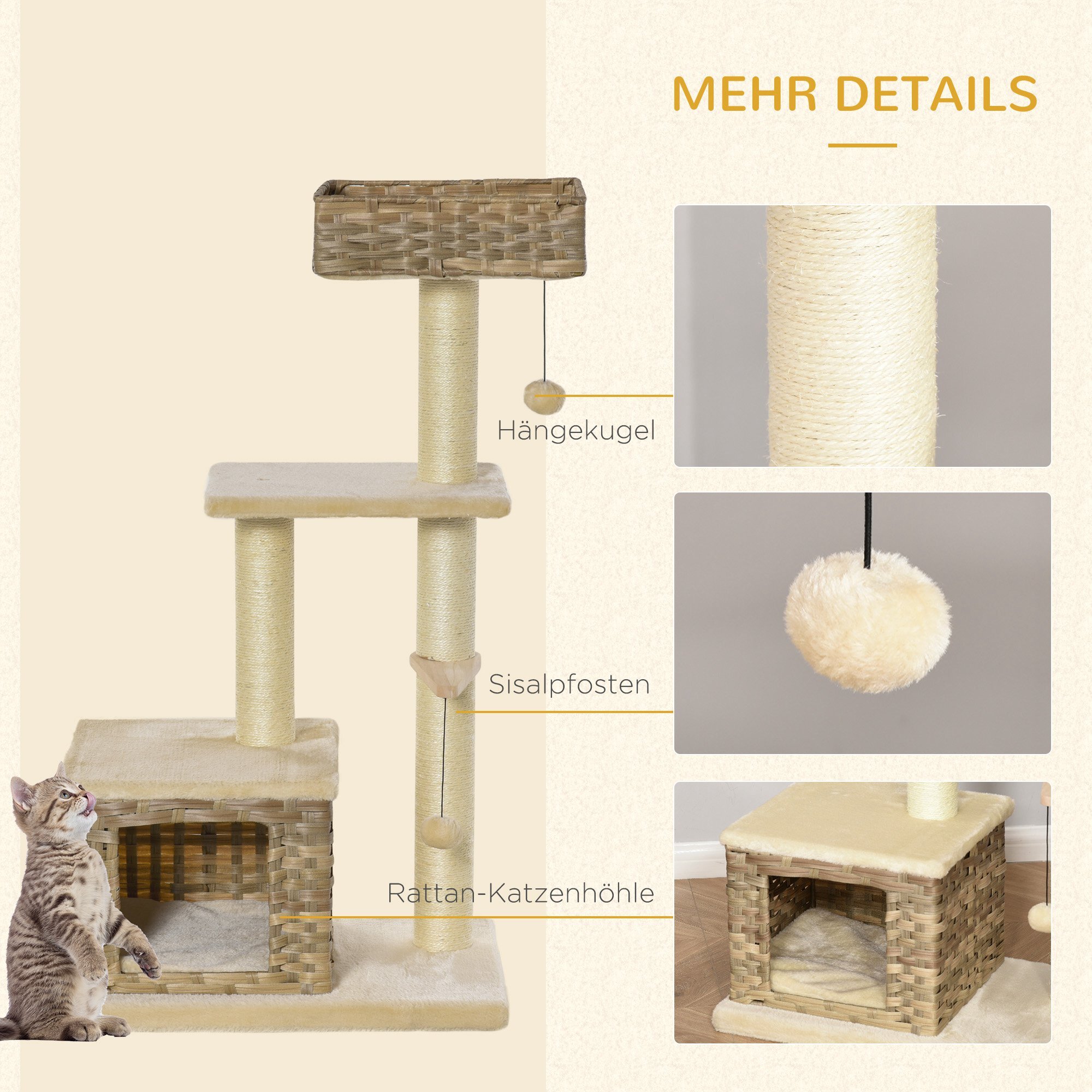 PawHut Kratzbaum mit Rattanhöhle braun, beige 60 x 40 x 109 cm (LxBxH)