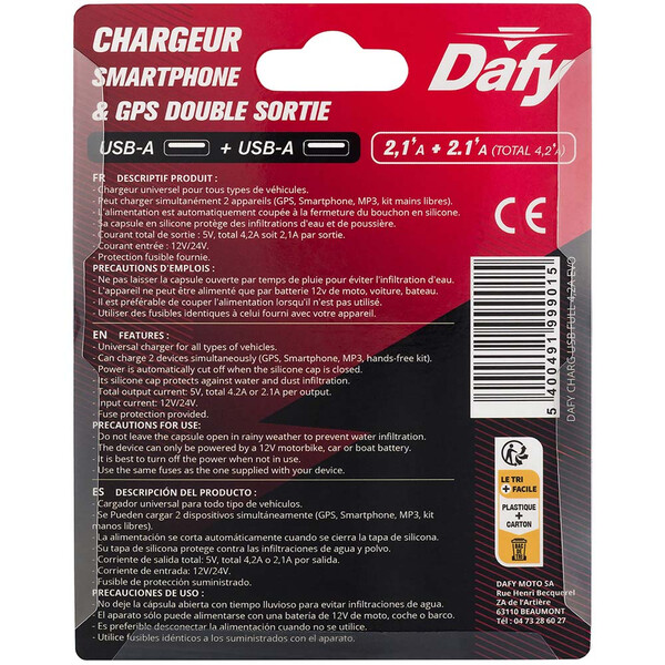 Dafy Moto - Chargeur USB 4,2A Evo