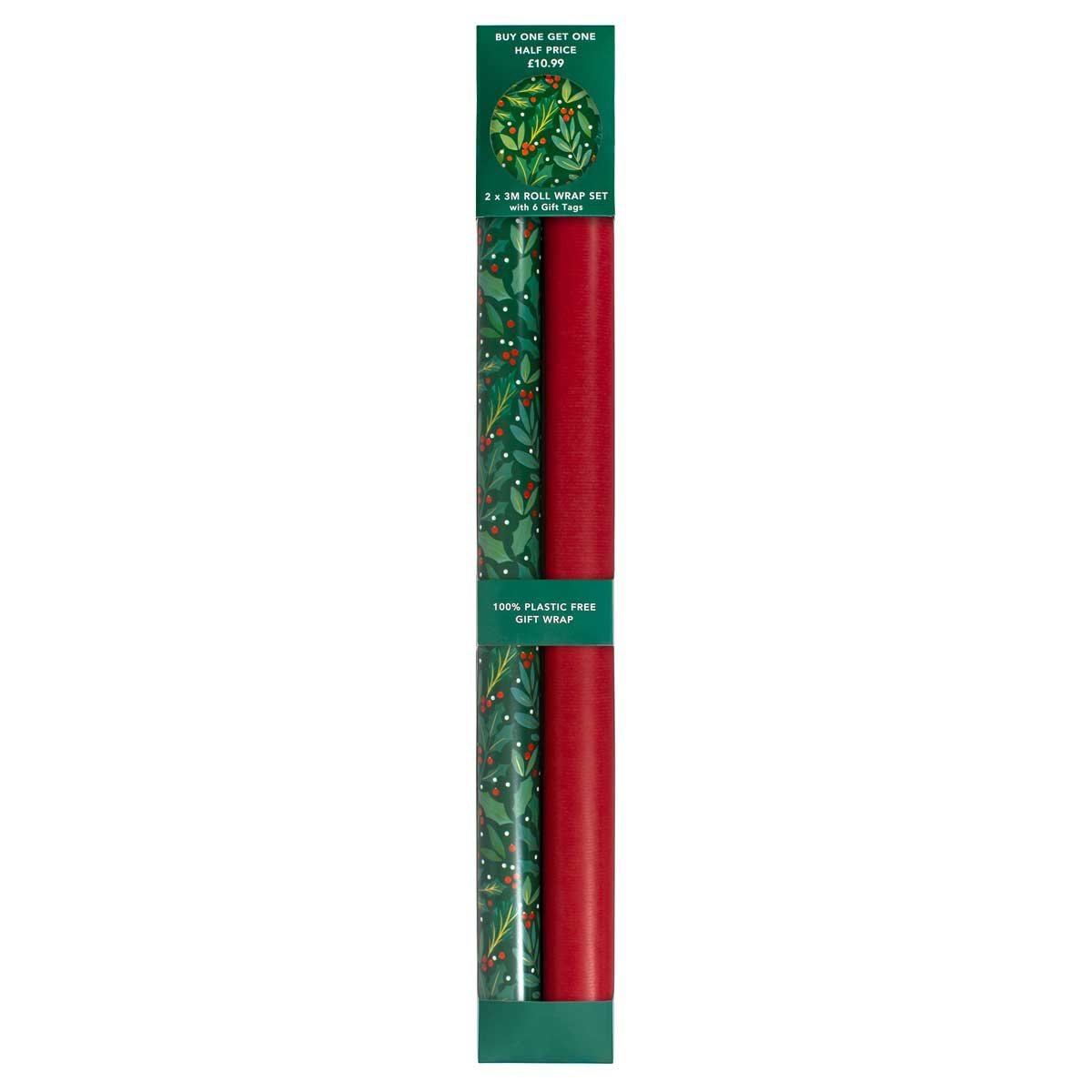 Green Holly Berries Rollwrap Pack X2 3M Rollwraps & 6 Gift Tags