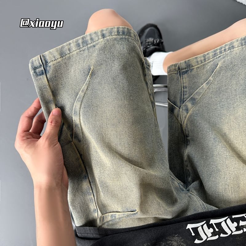 Breeson - Mid Rise Washed Wide Leg Denim Shorts