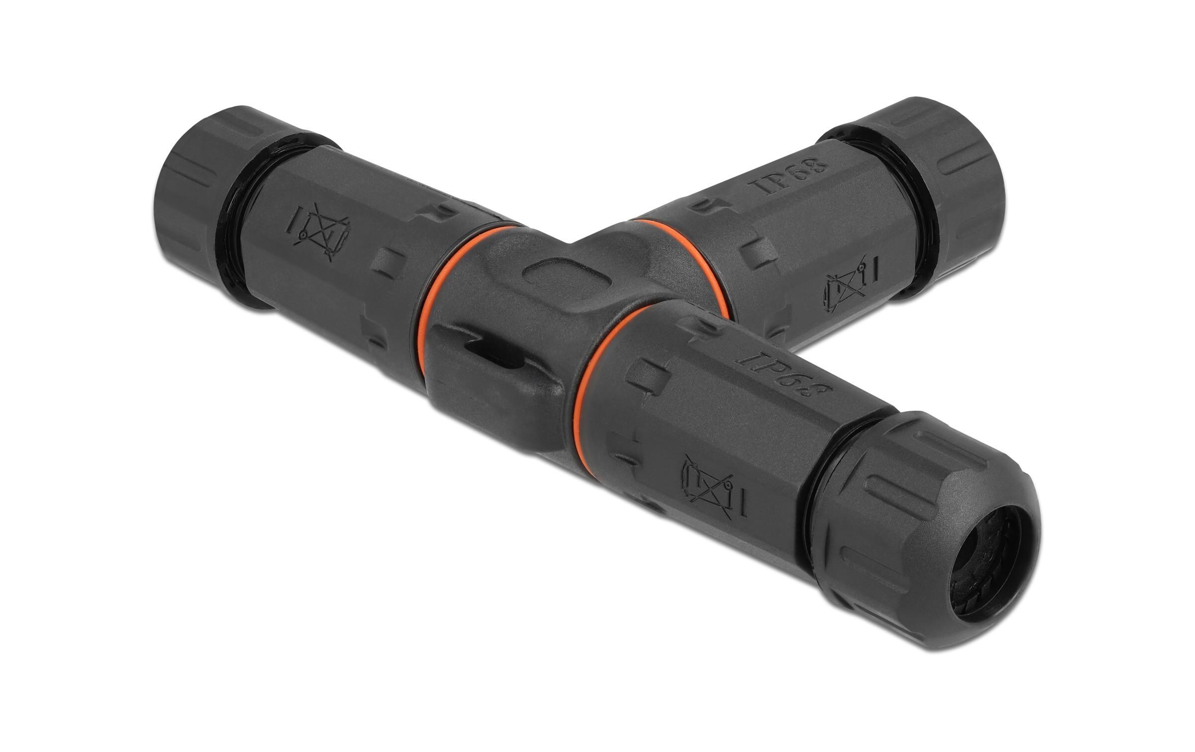 Verbindungsmuffe IP68, T-Stück, 5 Pin, 4.5 - 7.5 mm schwarzDelock Kabelverbinder T-Form für Aussenbereich 5 Pin, IP68 wasserdicht, schraubbar, Kabeldurchmesser 4.5 - 7.5 mm schwarz