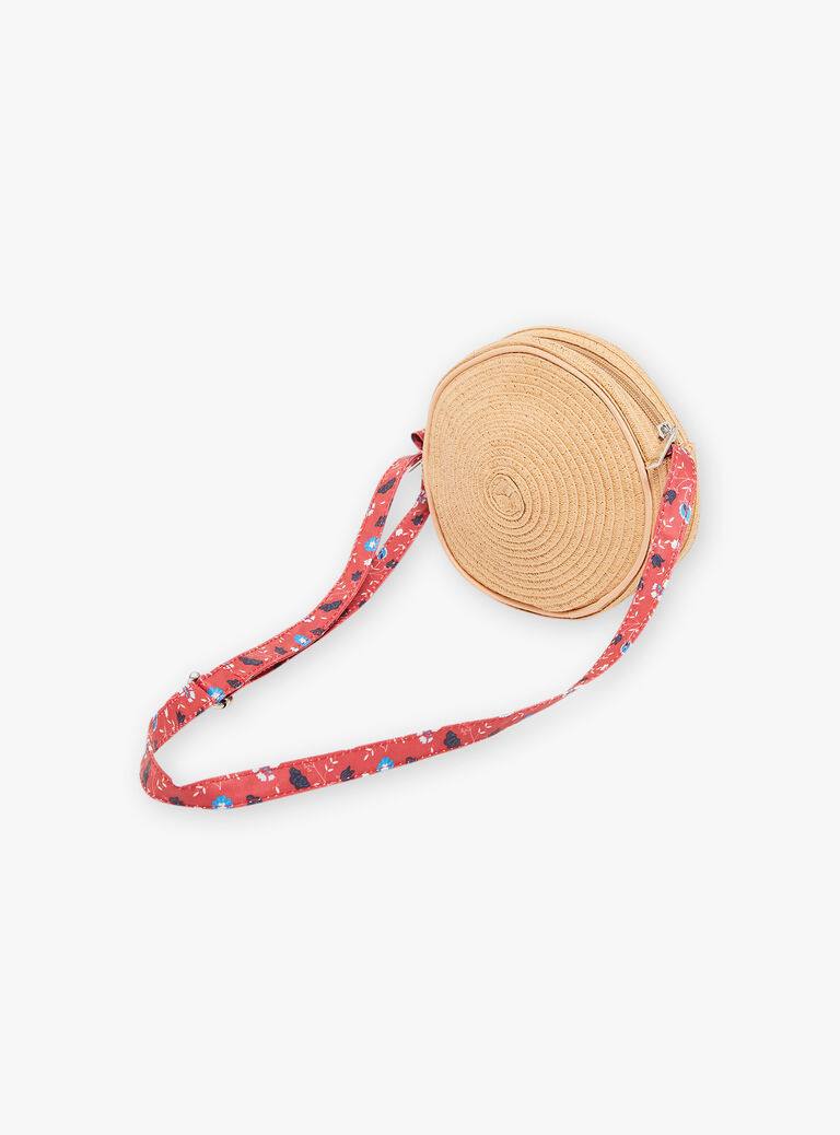 Sac rond en paille beige avec coquillage en sequin rouge