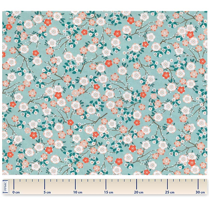 Tissu Coton Au Mètre Ex2401 Fleur De Cerisier Menthe