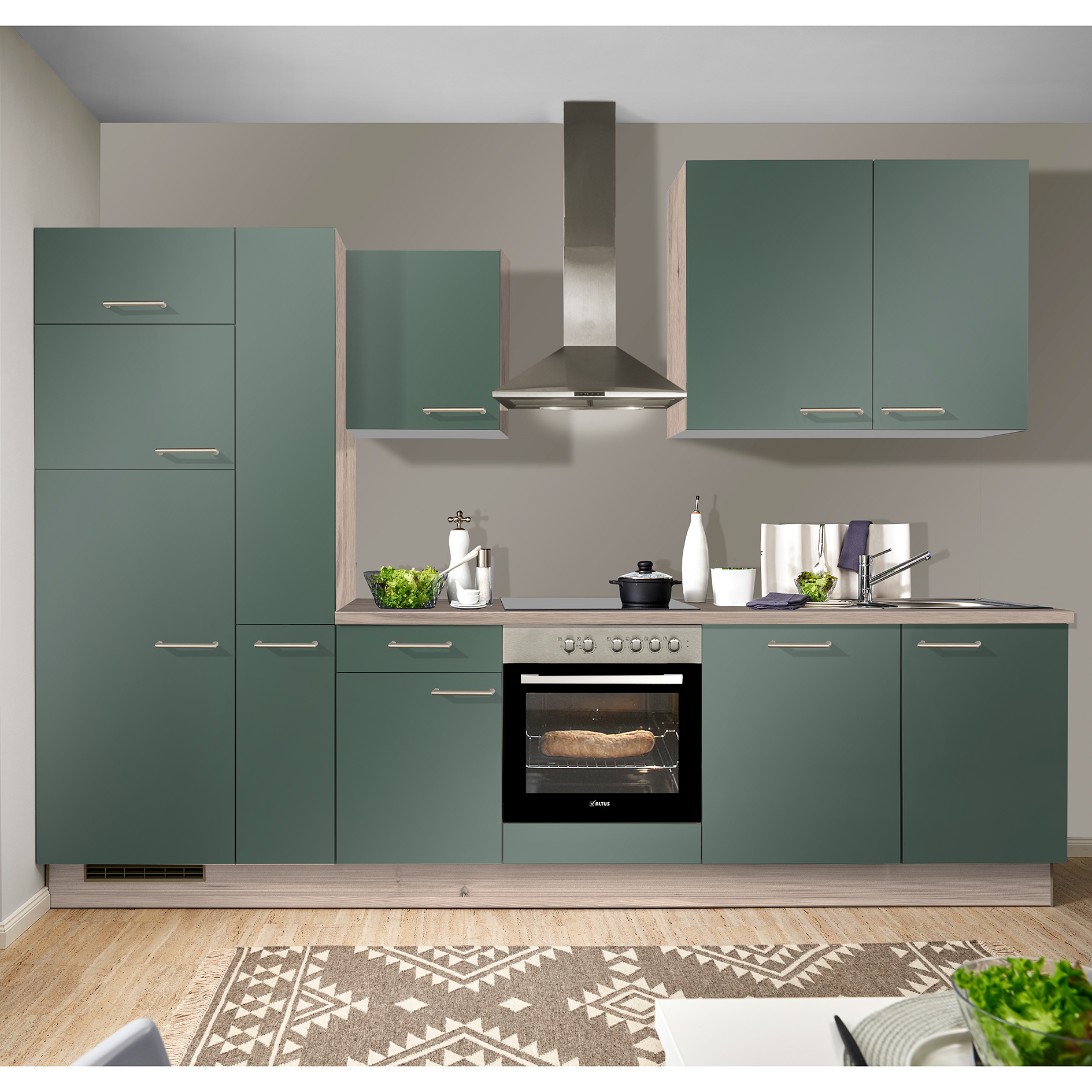 pino Küchenblock PN200 - Verde - Tanne Clay - mit E-Geräten - Kühlschrank links - 310 cm