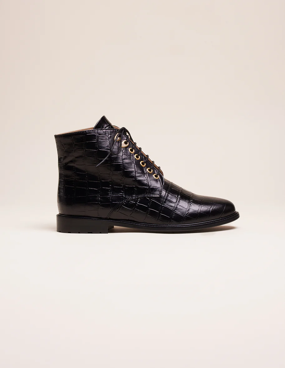 Bottines à lacets Laurène - Cuir croco noir