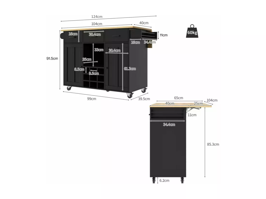 Ilot central de cuisine mobile avec 2 portes, 3 tiroirs et casier à vin 9 bouteuills - Plateau extensible - 124 x 40/65 x 91.5 cm - MDF - Noir