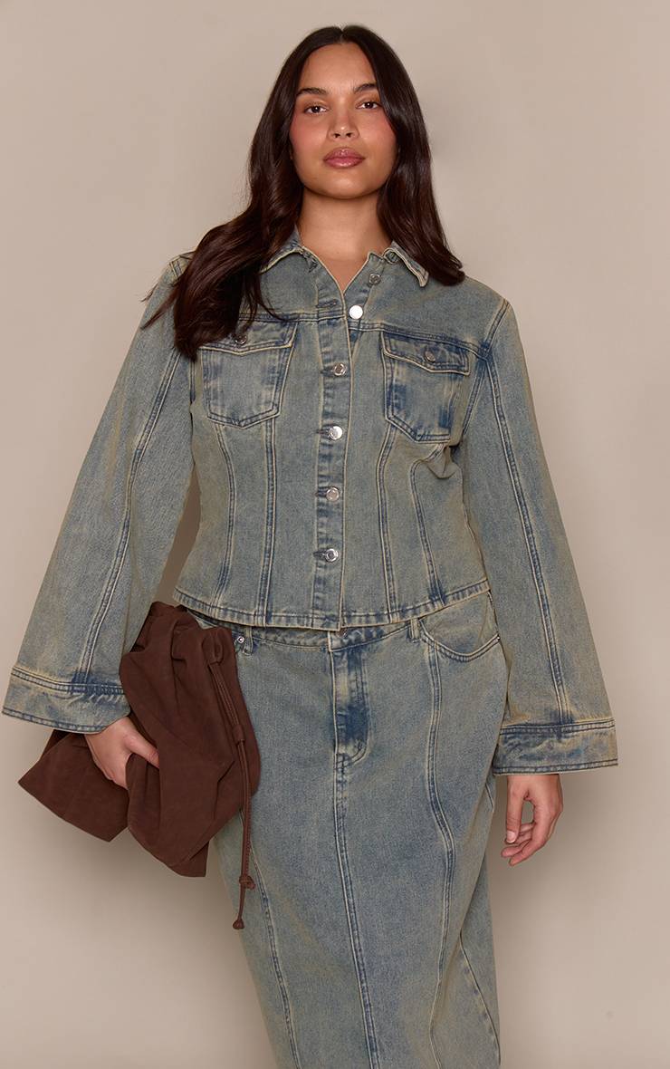 Délavage Vintage Chemise En Denim Grande Taille À Manches Évasées Et Taille Cintrée Bleue