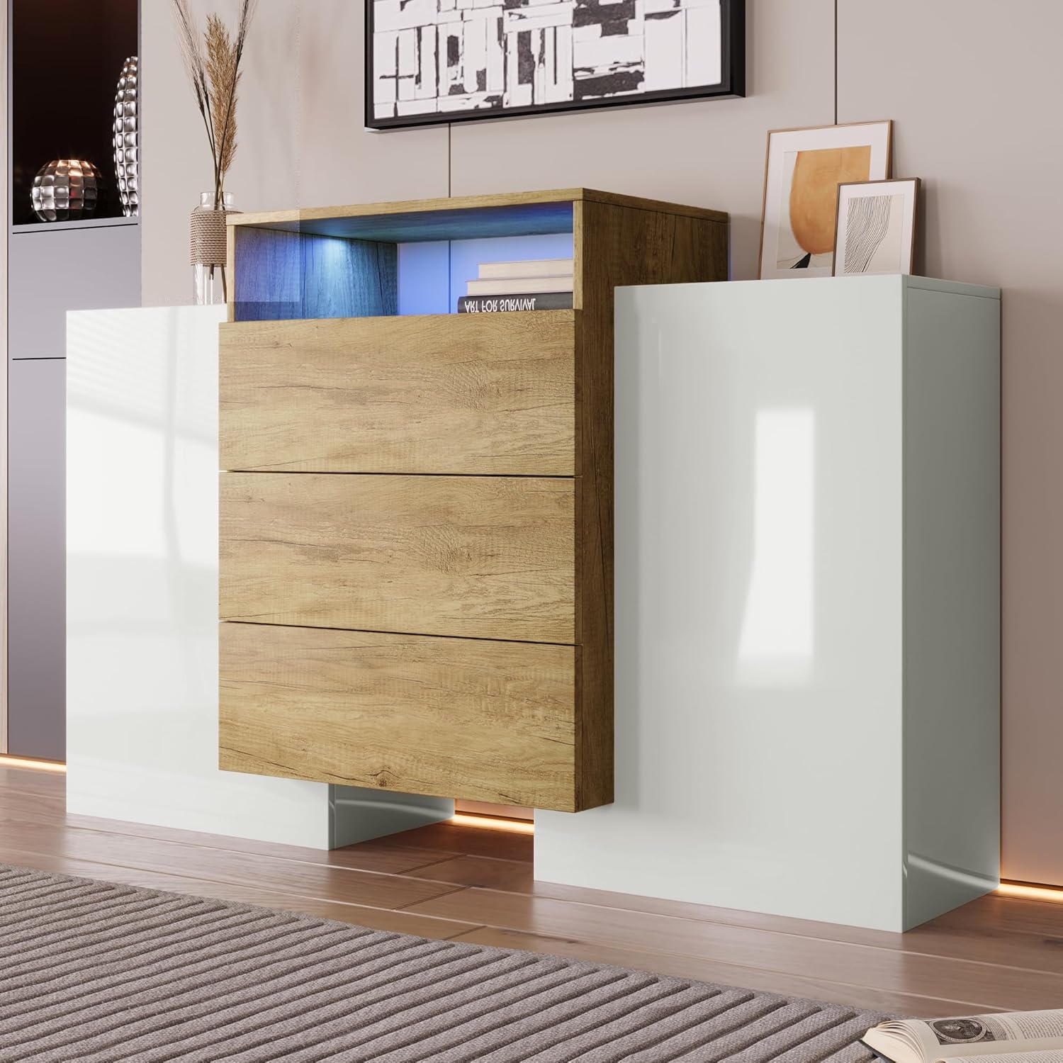 BTM Sideboard, 140 Kommode LED mit 3 Schubladen & 2 Türen, Moderne Glänzend Schrank Wohnzimmer, Hohe 140x30x90 cm, Weiss & Holz