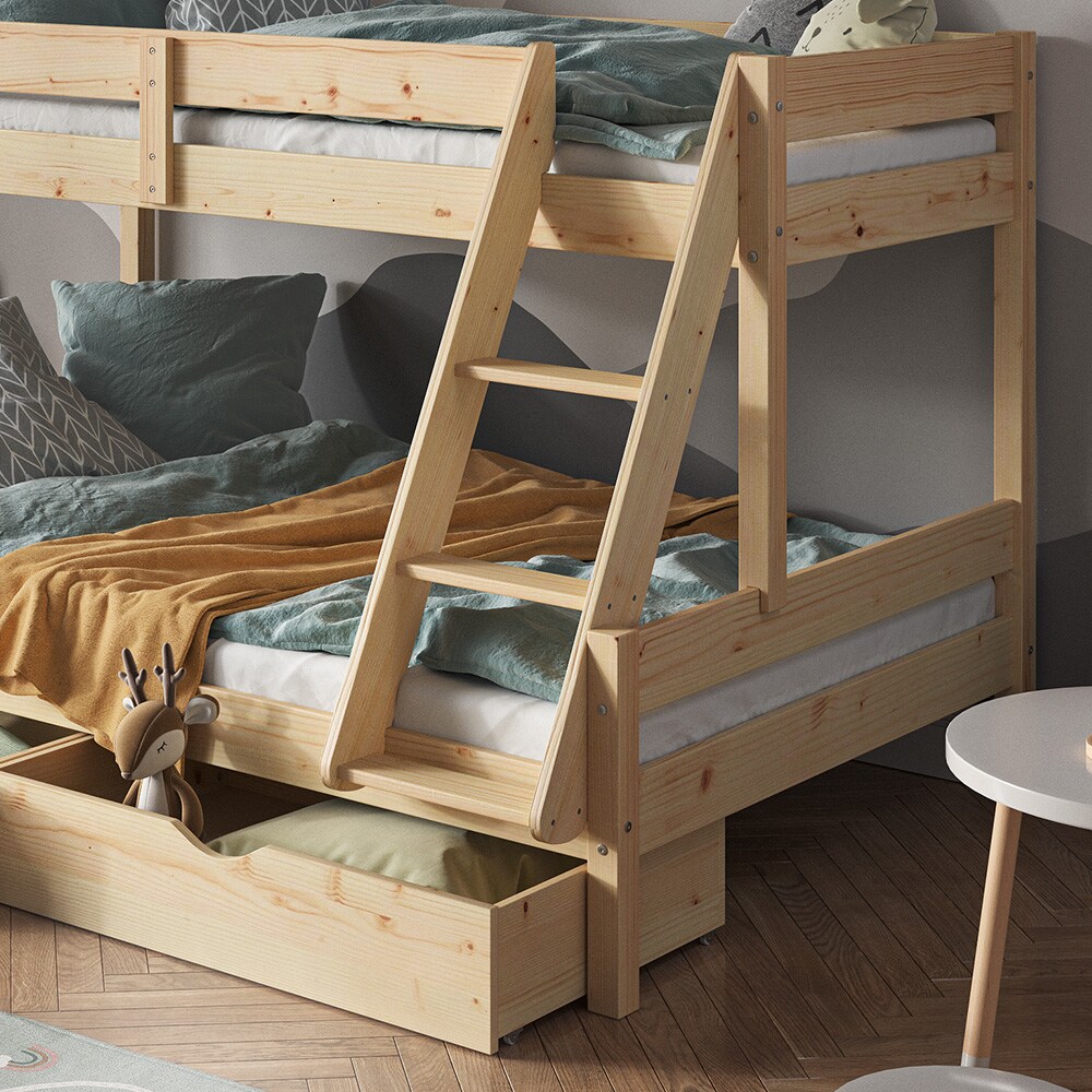 VitaliSpa Hochbett Kinderbett Spielbett Everest Natur modern 120x200 Massivholz Kinderzimmer Bett Lattenrost Bettleiter Kletterbett Doppelbett Geschwisterbett Bettschublade Rollschublade Matratze