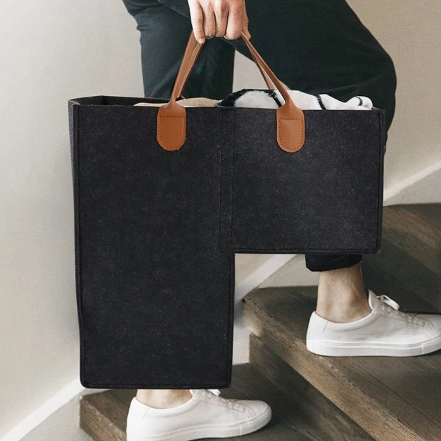 (42x42cm) Filz Treppen Stufen Organizer Faltbare Aufbewahrungs Tasche Transport Korb mit Griffen für Spielzeug / Wäsche - Schwarz