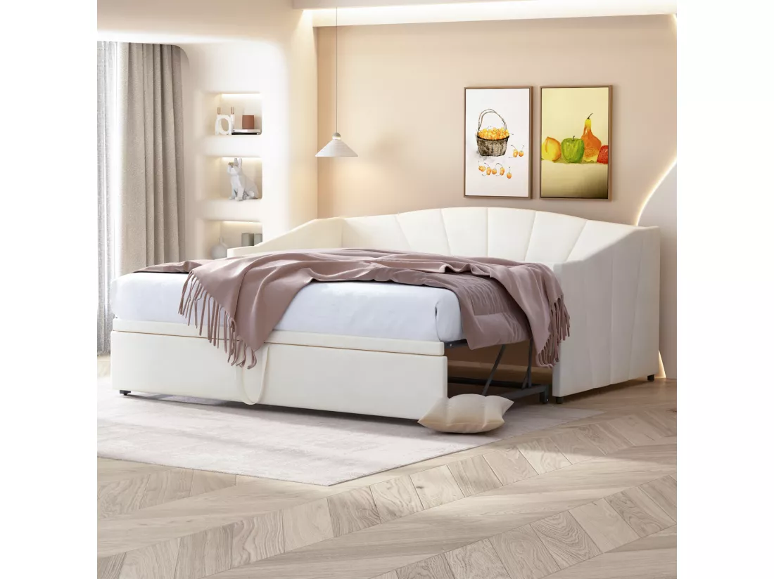Lit gigogne 90/180x200cm, lit capitonné canapé-lit extensible avec sommiers à lattes, lit multifonctionnel en tissu velours style moderne - beige