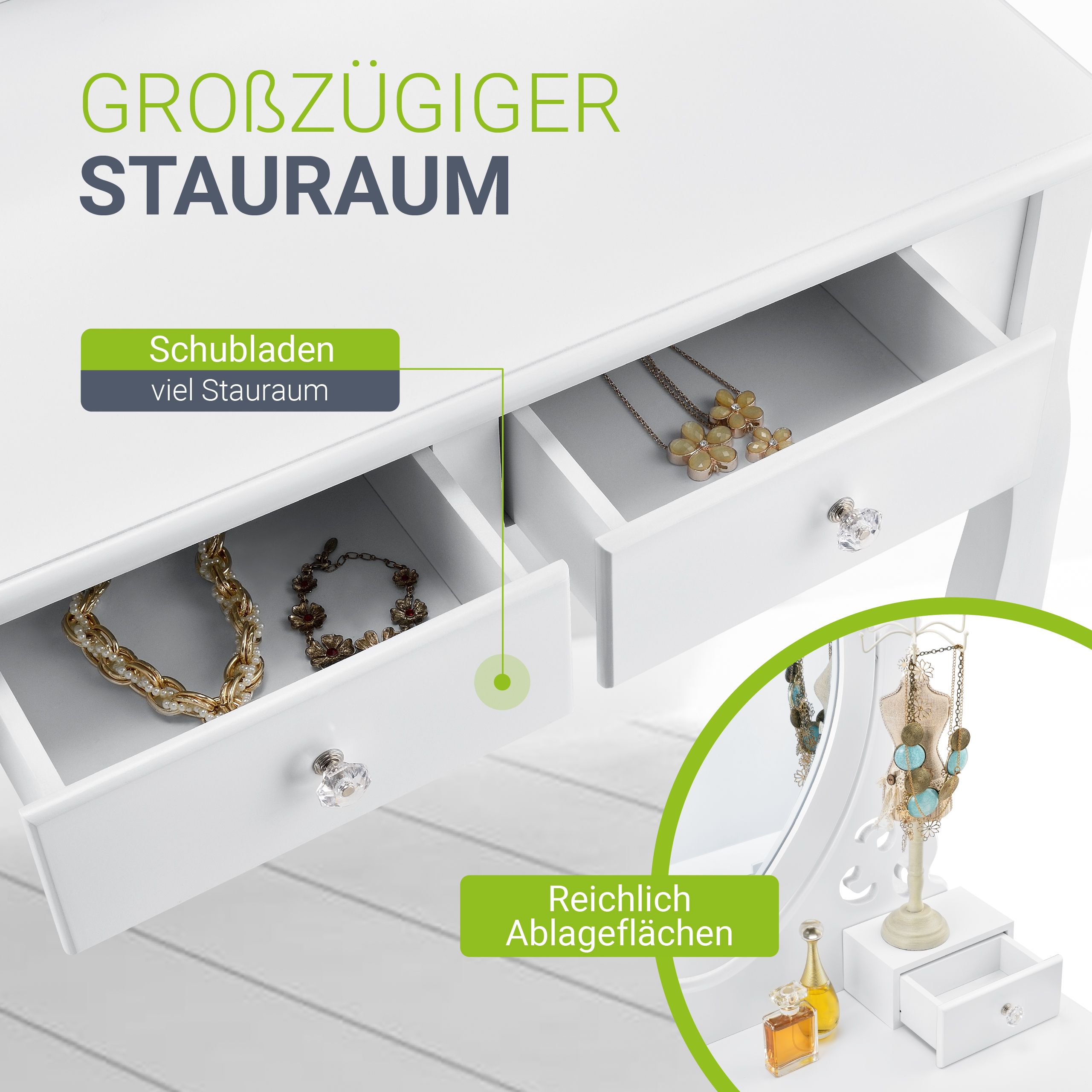 Juskys Schminktisch Julia - Frisiertisch mit Spiegel, Hocker & 4 Schubladen - weiß - Mädchen Kinder